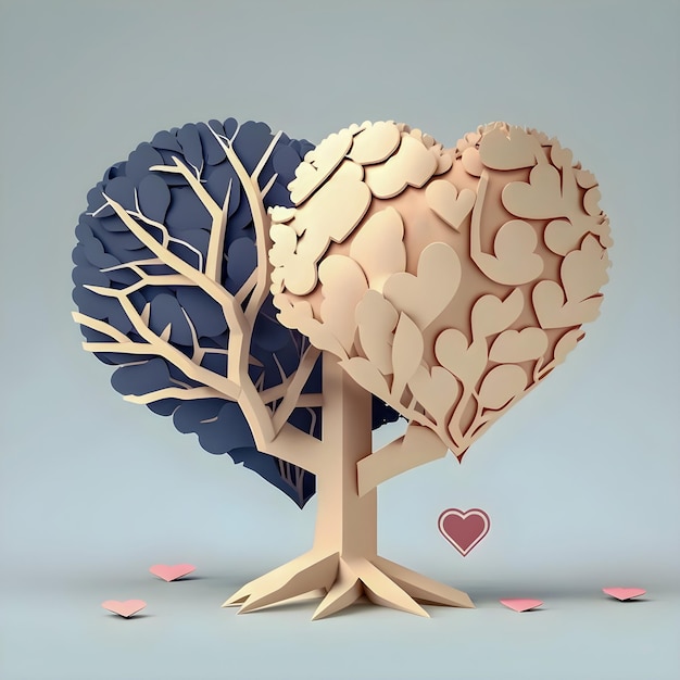 Paper brain and heart tree minimalism illustration