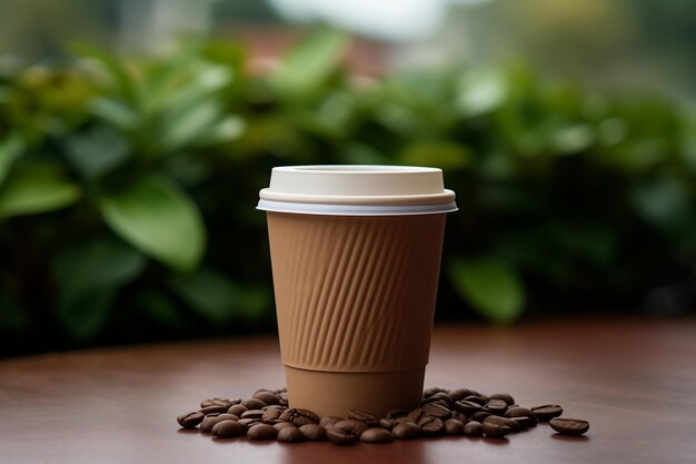 Paper brown takeaway cup with a plastic lid with a coffee with coffee beans and ground coffee