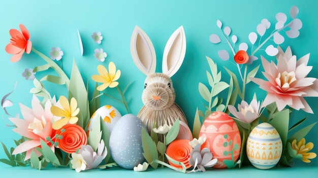 Paper bunny and easter eggs nestled among grass and flowers aige