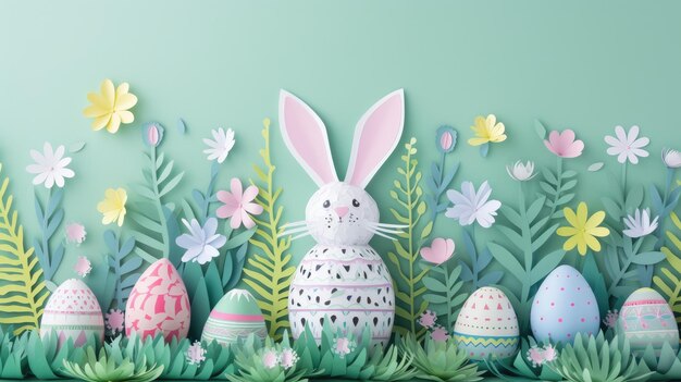 Бумажный кролик и пасхальные яйца, укрытые среди травы и цветов.