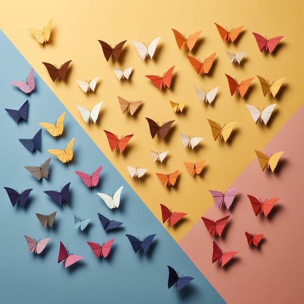 Foto le farfalle di carta sono disposte su uno sfondo colorato con una che dice 