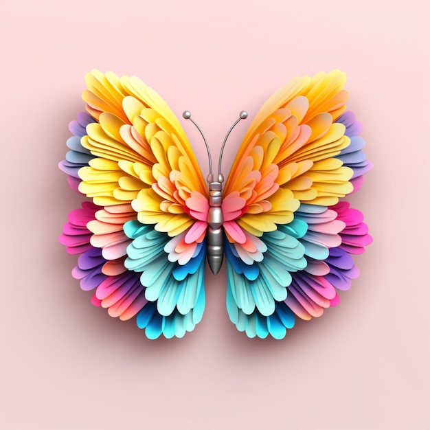 ピンクの背景にカラフルな羽を持つ紙の蝶。