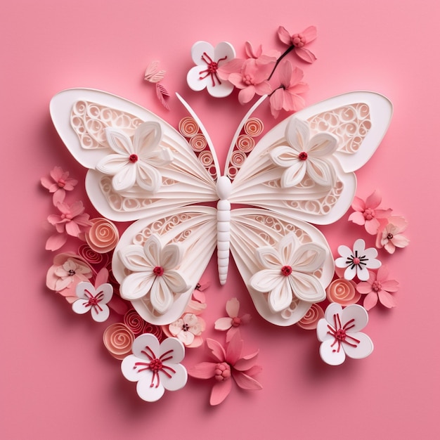 ピンクの背景に花を持つ紙の蝶