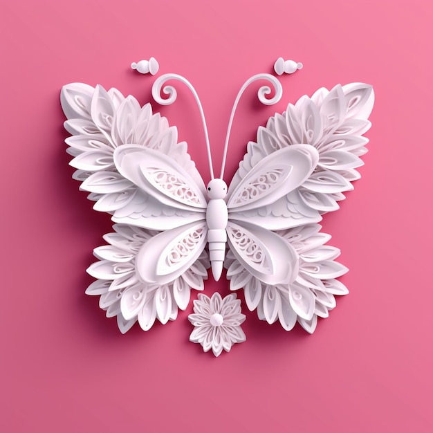 A paper butterfly with wings and flowers on a pink background.