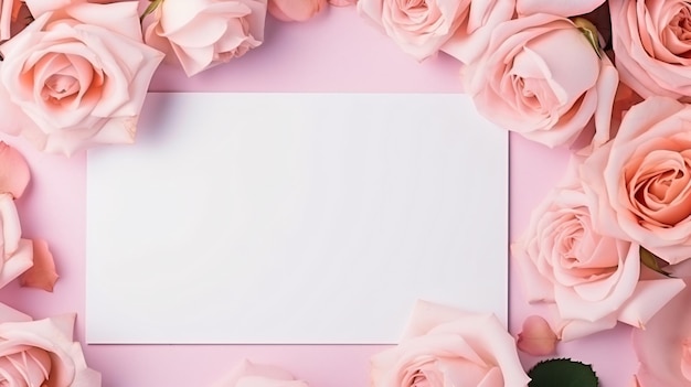 Paper card mockup on romantic roses background