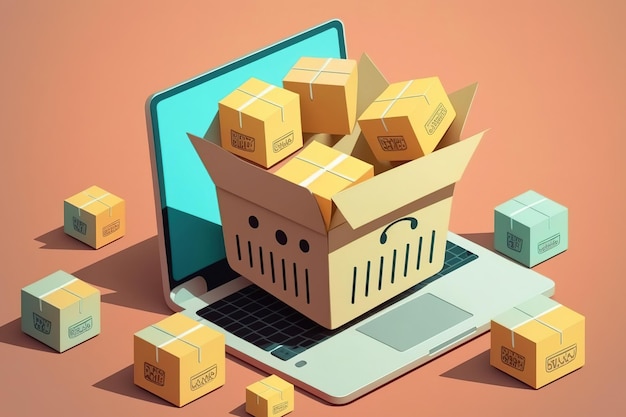 Paper cartons or packages with the logo of a shopping cart and a credit card on a laptop keyboard are examples of online shopping Online shopping service that delivers purchases to customers homes