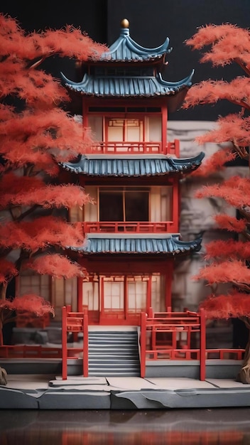 Paper carving of a house in the style of chinese art closeup of photo