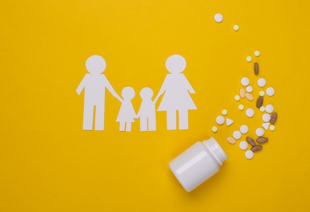 Paper chain family, bottle pills on yellow, health insurance concept