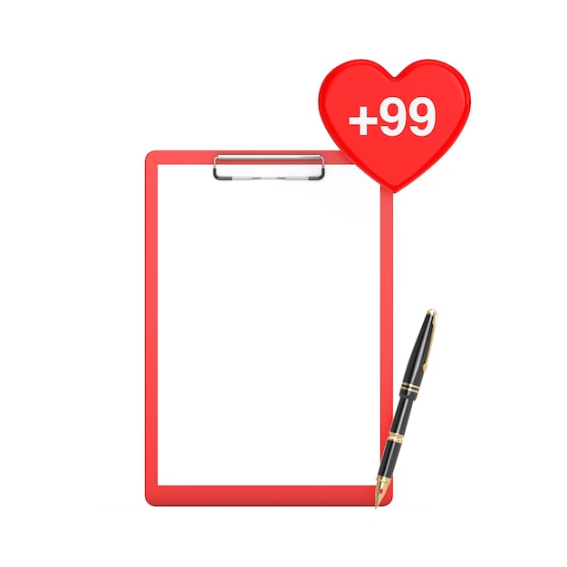Paper Clipboard and Pen with Order, Wish or Shopping List Heart Tag on a white background. 3d Rendering