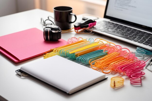 Paper clips keyboard laptop spiral notepad and sticky notes on white desk with space for writing text