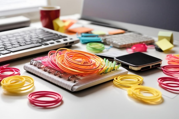 Paper clips keyboard laptop spiral notepad and sticky notes on white desk with space for writing text