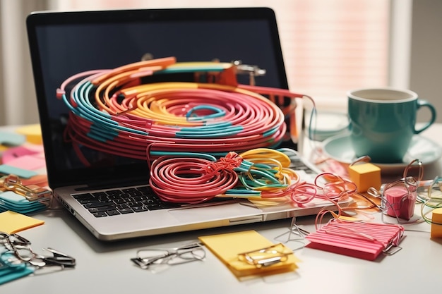 Paper clips keyboard laptop spiral notepad and sticky notes on white desk with space for writing text