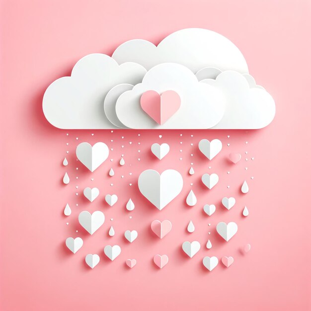 Photo paper clouds releasing white heart raindrops