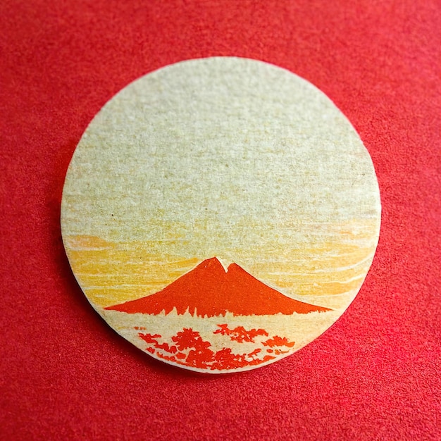 a paper coaster with a mountain on it and the sun on it.