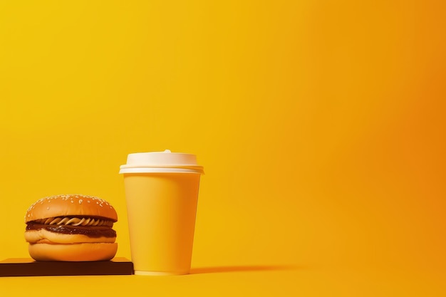 Фото Бумажная чашка с кофе и гамбургер на желтом фоне.