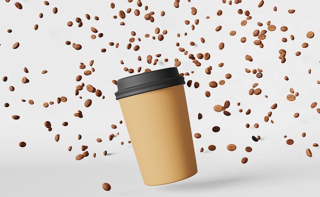 Paper coffee cup black lid falling beans 3D rendering Coffee shop discount demonstration delivery Hot drink sale banner