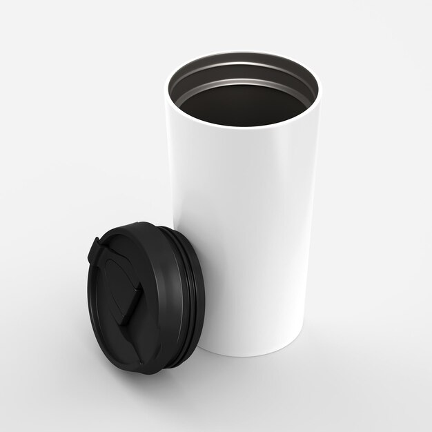 Photo paper coffee cup with black lid isolated on white background with 3d rendering mock up for your project