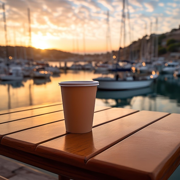 Paper coffee cup with boats in distance at harbor with sunset colored sky