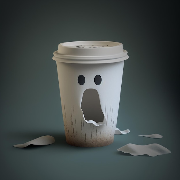 Photo a paper coffee cup with a face on it and the words 