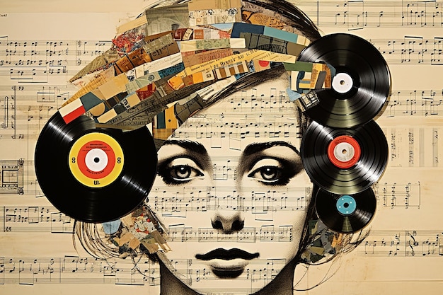 Paper collage Closeup portrait of a beautiful girl with vinyl records and music notes