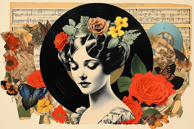 Foto collage di carta ritratto in stile retrò di una donna con dischi in vinile e note musicali