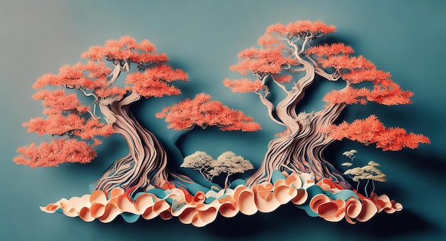 Бумажный коллаж с деревьями бонсай Генерация AI
