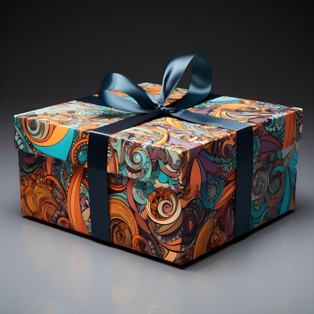 검은색 배경으로 파란색 리본을 가진 종이 다채로운 선물 3D 상자