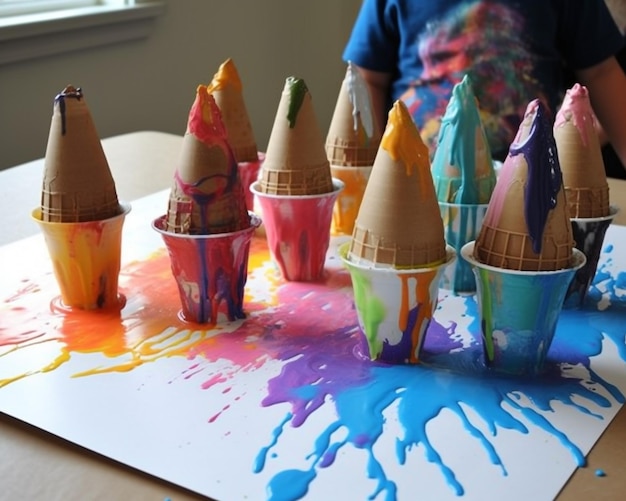 A paper cone craft for kids is made with colored paper and then colored with the word ice cream.