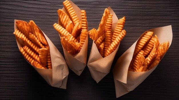 Photo paper cones with salted french fries top down view