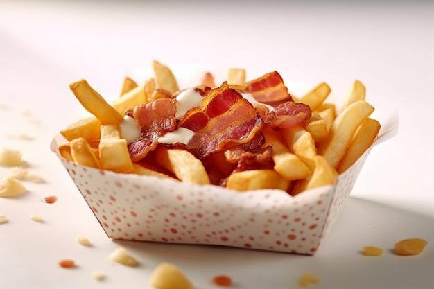 A paper container of fries with bacon on it.