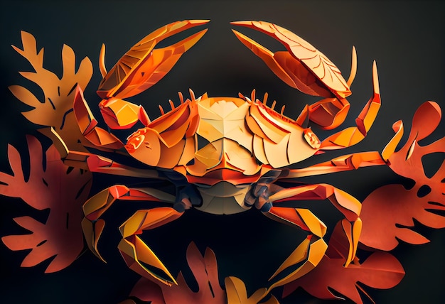 A paper crab with orange leaves on it