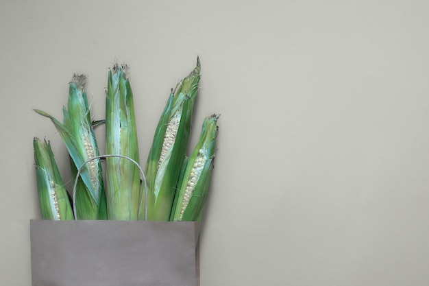 Paper craft bag with corn harvest on white background. top view\
of different groceries farm shop, fresh vegan green food\
delivery.