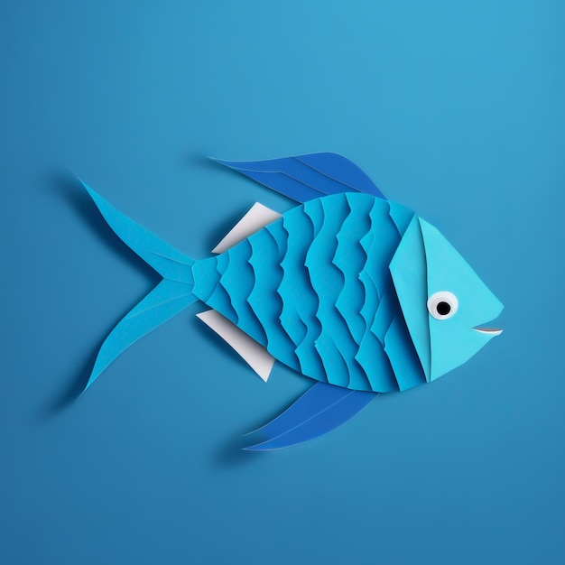 Paper craft blue fish origami fish on blue background digital\
art paper blue fish design element