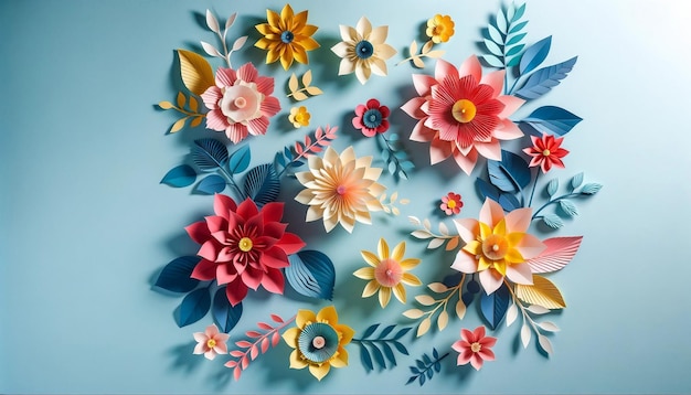 Paper Craft Flowers on Blue Background