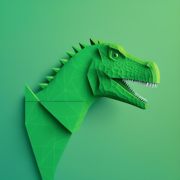 Paper craft green dinosaur origami trex on green background\
digital art paper green trex dinosaur design element