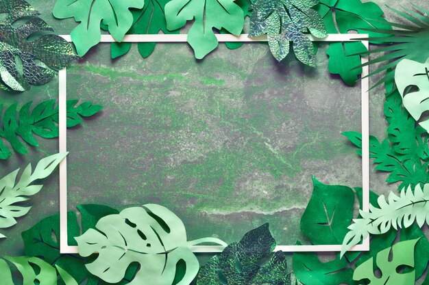 Foto tavolo artigianale in carta, cornice con foglie tropicali esotiche con spazio testo su legno verde scuro.