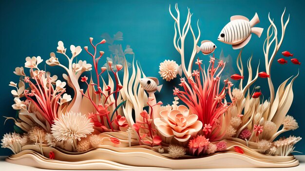 Paper crafted underwater paradise colorful fish amidst blooming aquatic plants and coral beauty