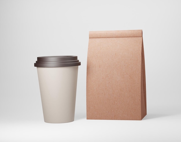 A paper cup and a brown paper bag are next to it.