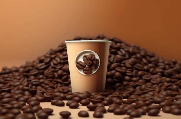 Photo paper cup of coffee and coffee beans on wooden table