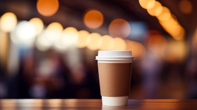 Paper cup of coffee on a wooden table in a coffee shop Space for text and design