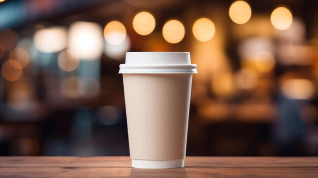 Paper cup of coffee on a wooden table in a coffee shop Space for text and design