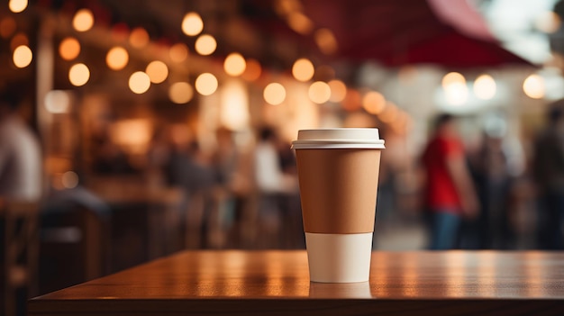 Paper cup of coffee on a wooden table in a coffee shop Space for text and design