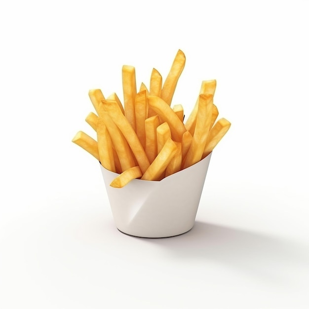 A paper cup of french fries is shown.