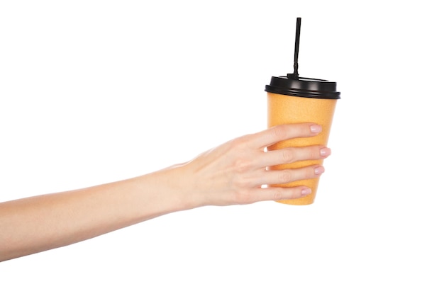 白い背景にホットコーヒーの紙コップ 女性の手