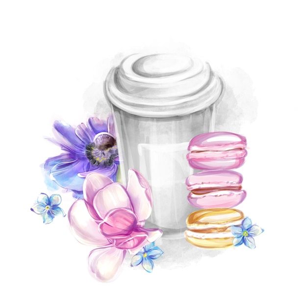 Фото Бумажная чашка кофе и разноцветные макароны в стиле акварели французская пекарня для завтрака романтическая поездка во францию клипарт для баннера дизайн открытки приглашение