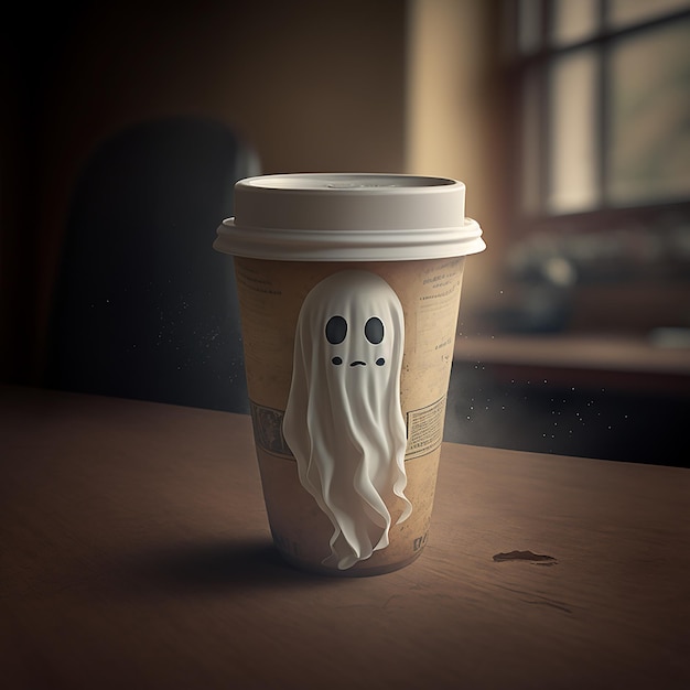 A paper cup with a face and a ghost face on it.