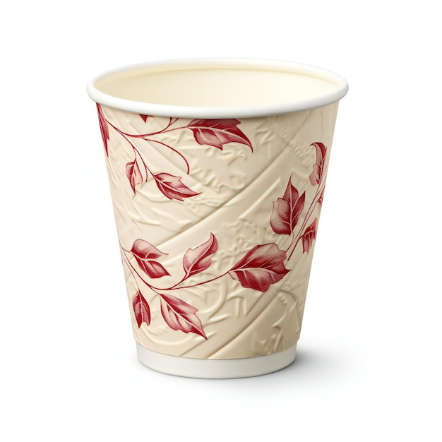 Paper cup with floral pattern isolated on white background