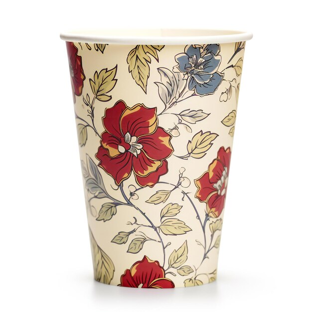 Paper cup with floral pattern on a white background