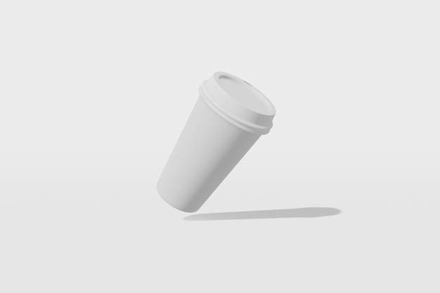 Paper cup with a lid flies 3D rendering.