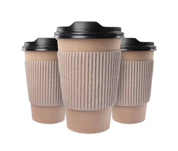 Photo paper cup with plastic lid isolated on white coffee to go